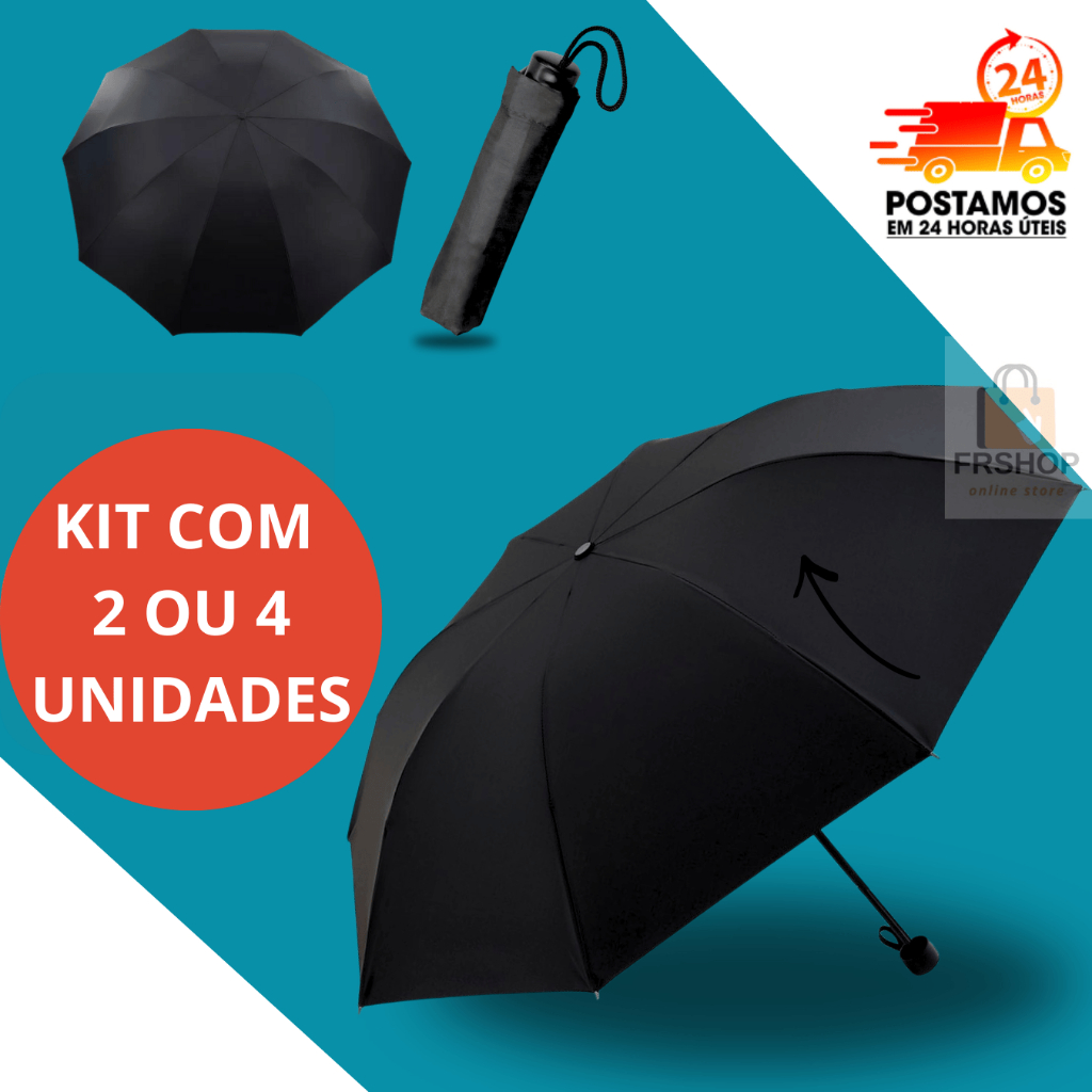 Kit Guarda Chuva de Bolsa Pequeno Sombrinha Preto 
