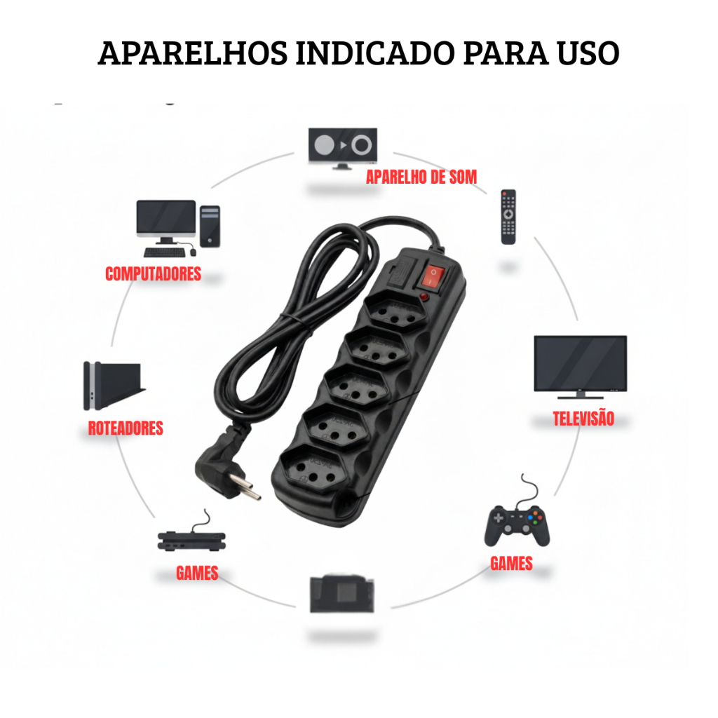 Filtro de Linha Extensão de 5 Tomadas Tripla Pluq