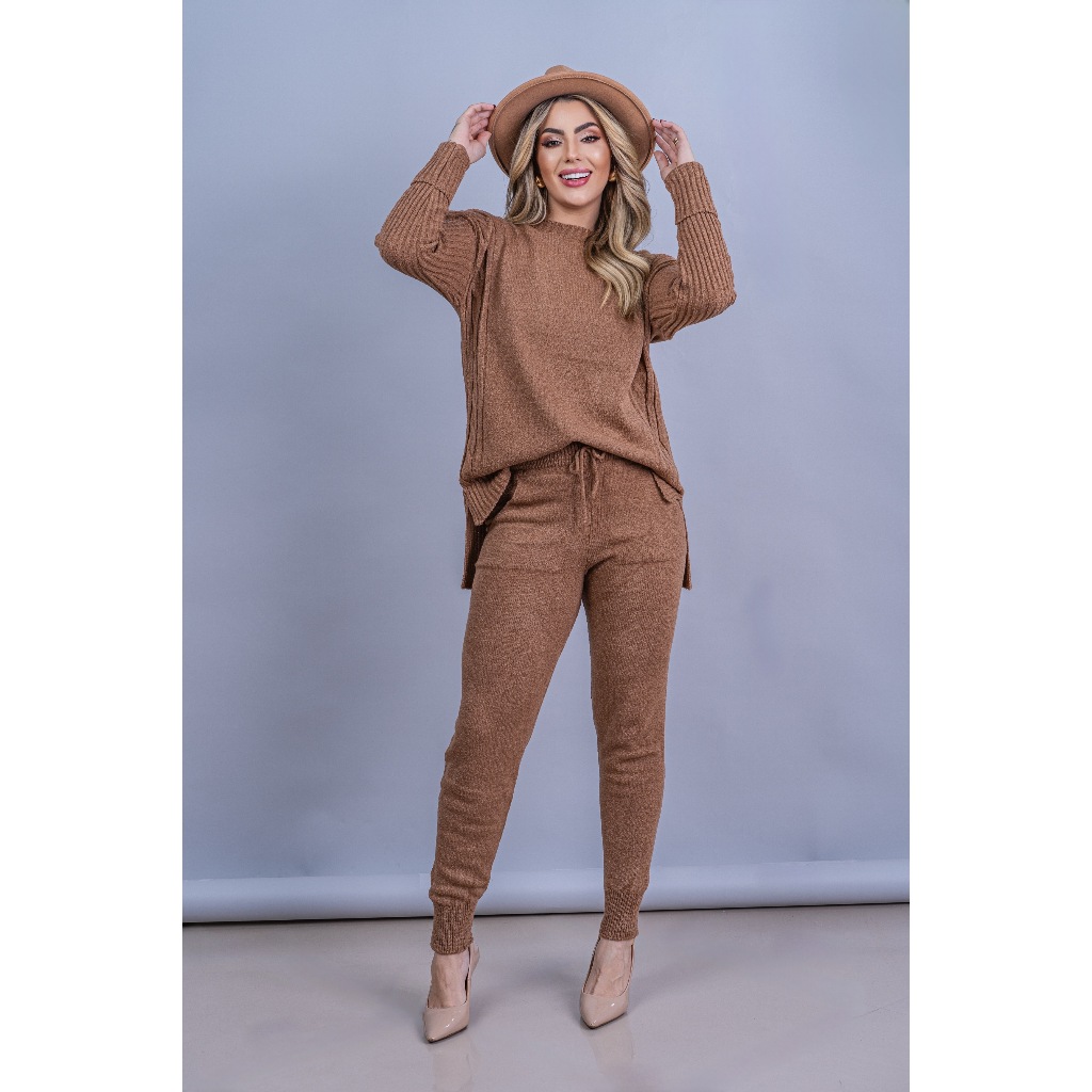Conjunto Tricot Mousse Blusa Mullet Calça com Pun