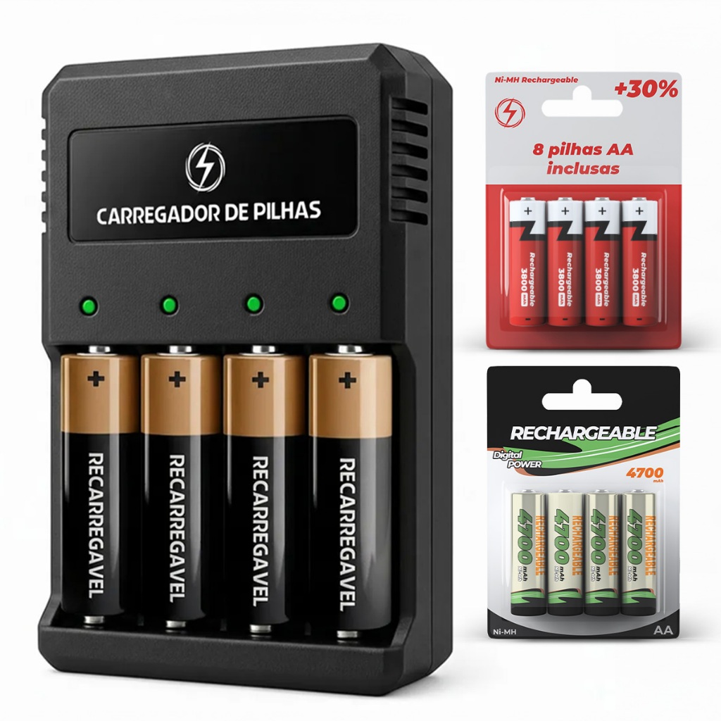 Carregador Bivolt Rápido + 4 Pilhas Aa E 4 Aaa Re