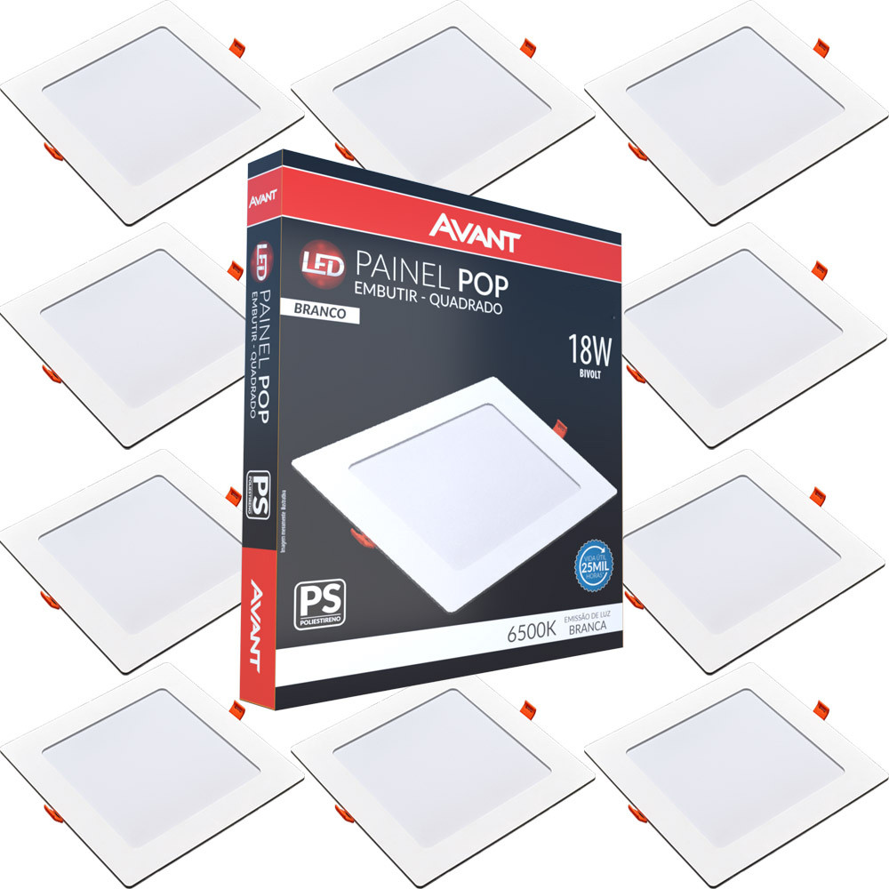 10 Painel Led Pop Quadrado de Embutir 6500K 18W Ca