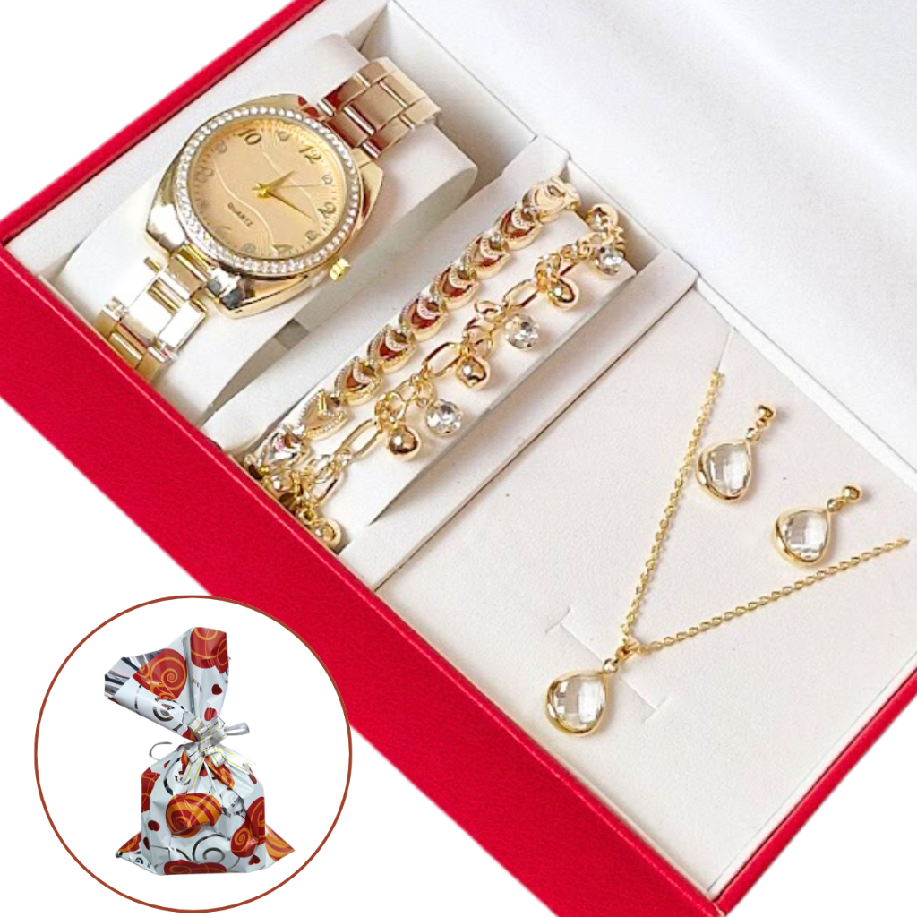 Relógio Feminino Dourado  + Colar Brincos Folhead