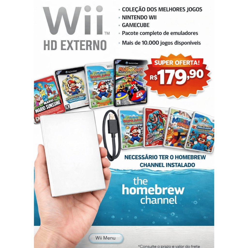 HD Externo 120GB com Case Para Nintendo Wii Biblio