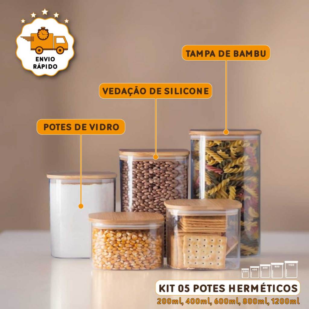 Kit 5 Potes Herméticos Vidro Tampa Bambu Condimen