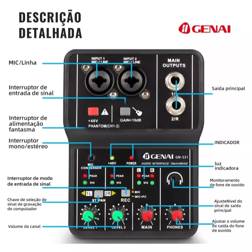 Mesa De Som 2canais Usb Com Alimentação Fantasma