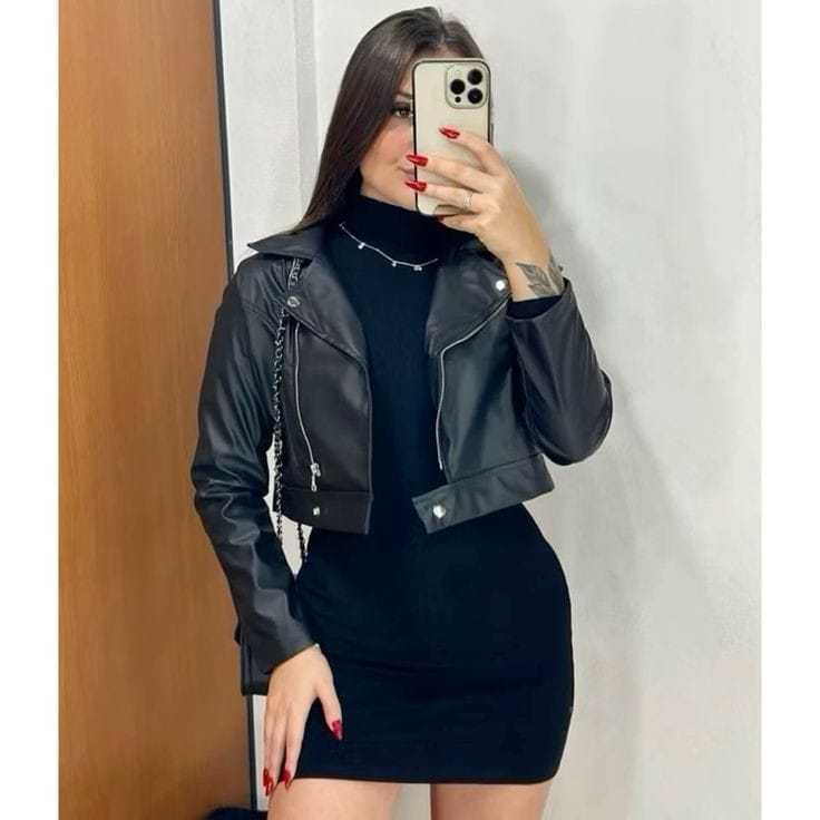 Jaqueta de Couro  Sintetico Feminina Preta com Bar