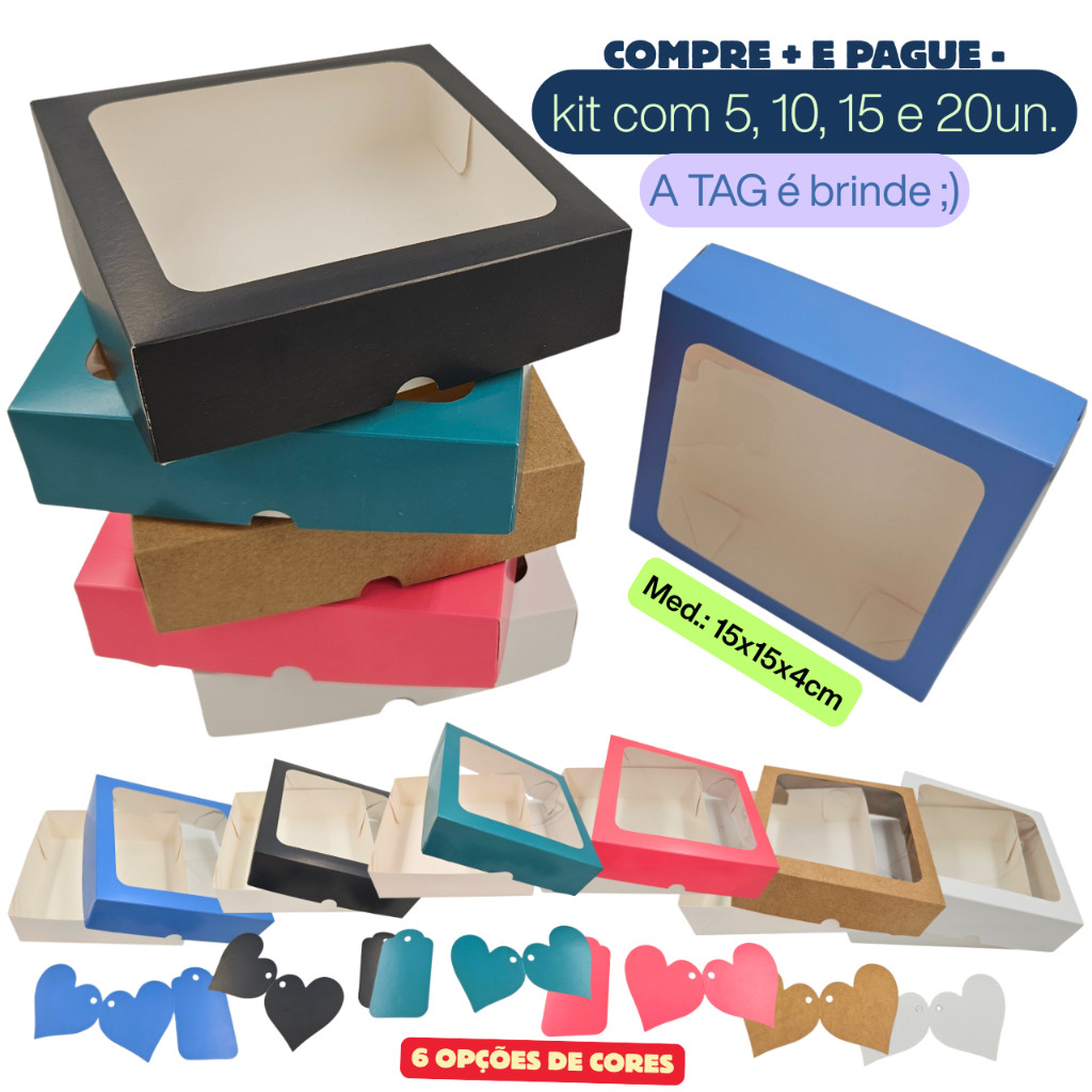 Caixa de Presente 15x15x4cm com visor + Tag Coraç