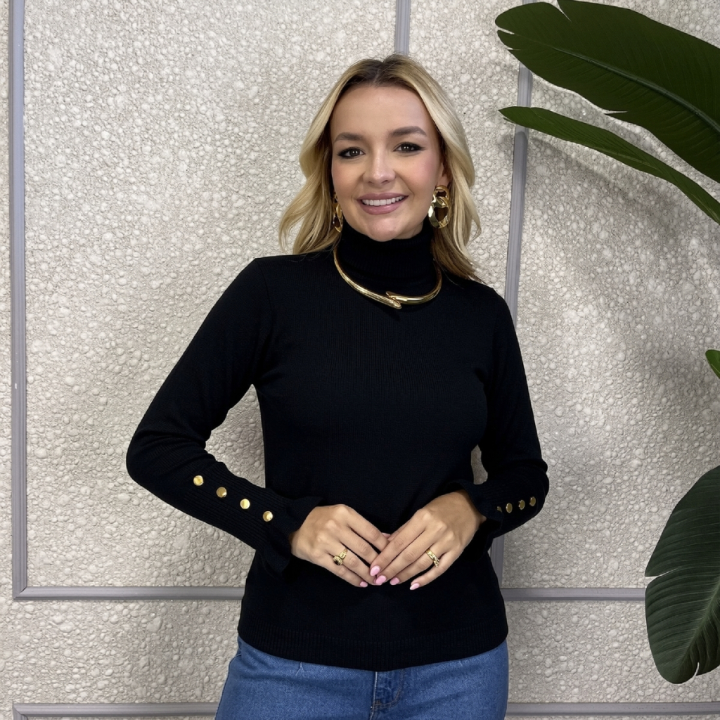 Blusa Feminina Estilosa Manga Longa Detalhe Com Bo