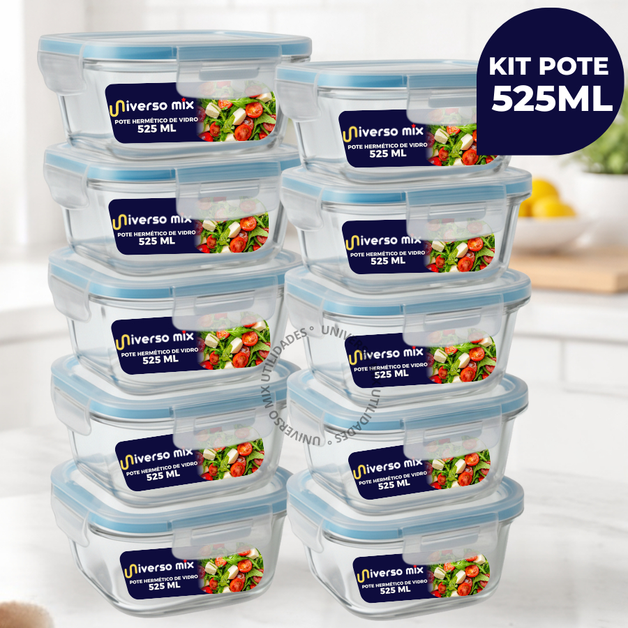 Kit 10 ou 5 Potes Vidro Herméticos 525ml Quadrado