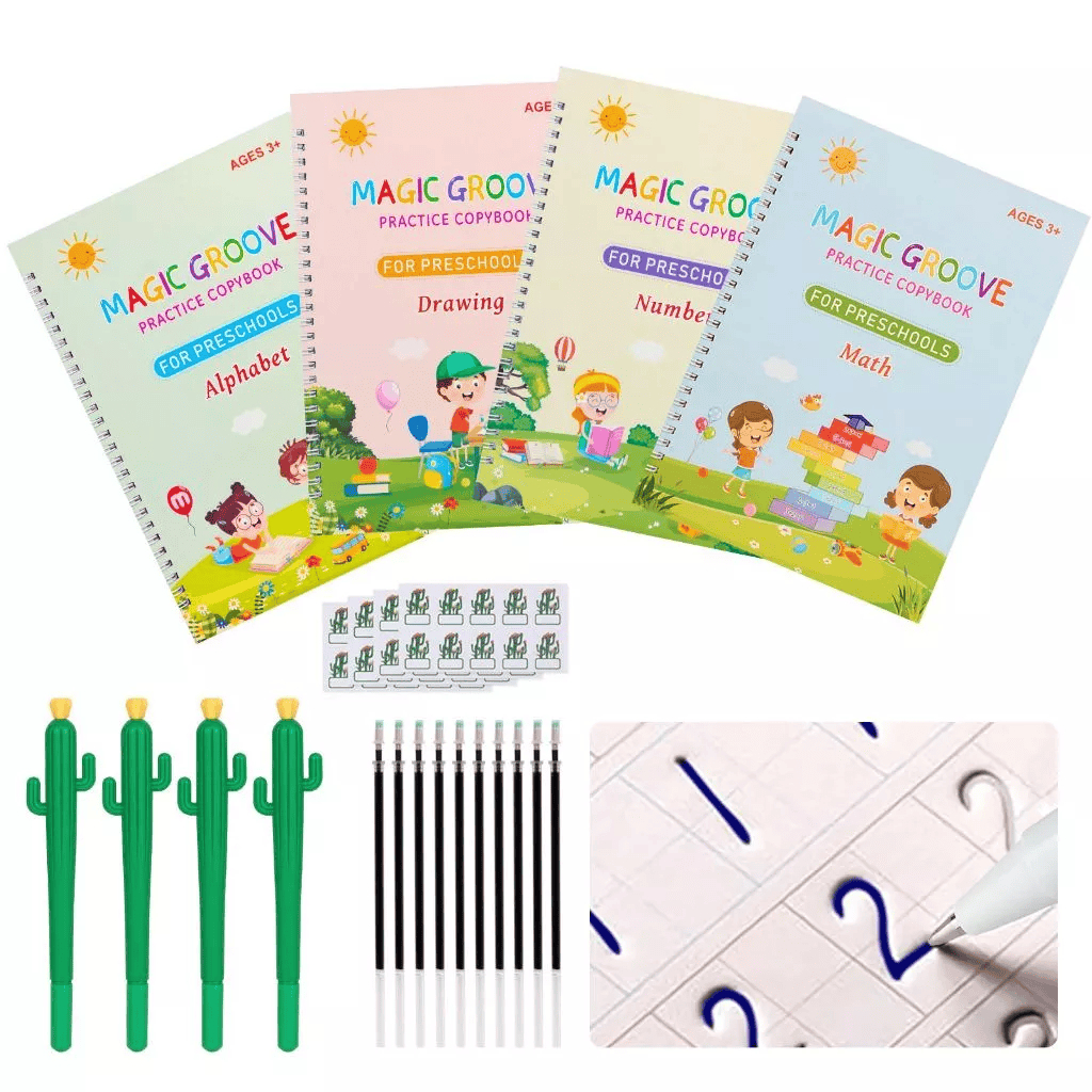 Kit 4 Cadernos de Caligrafia com caneta magica Inf