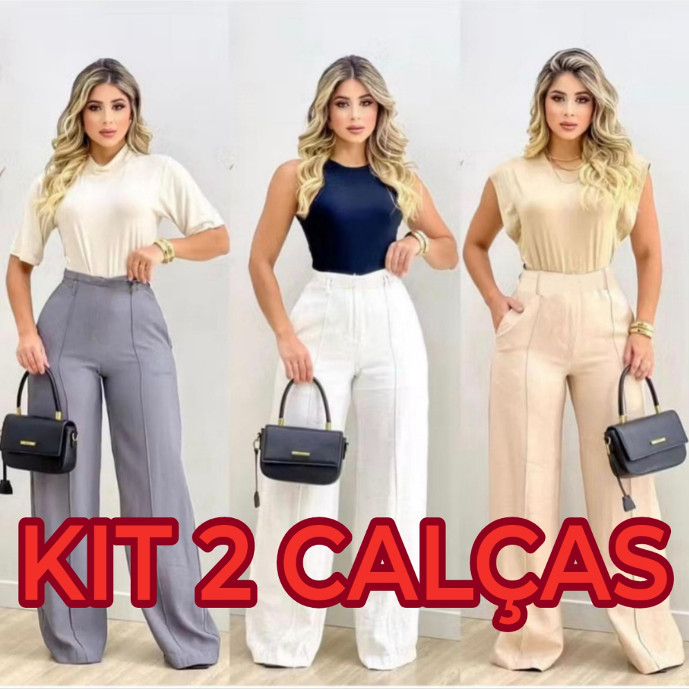 Kit 2 Calça Pantalona Alfaiataria Com Ziper Na La