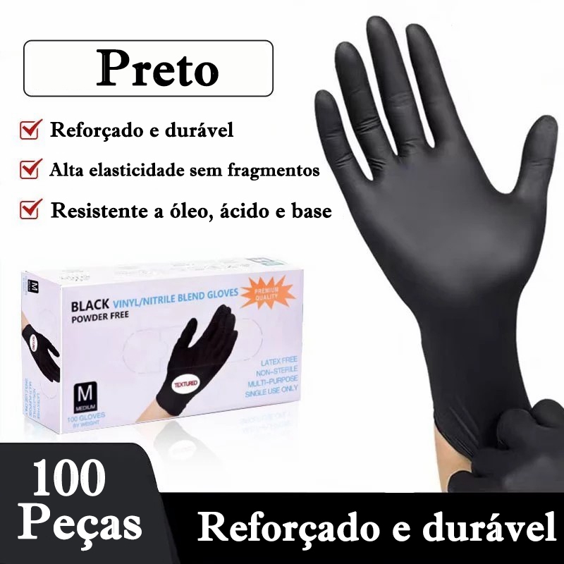 Luva Nitrílica Preta Descartável Sem Pó 100 Uni