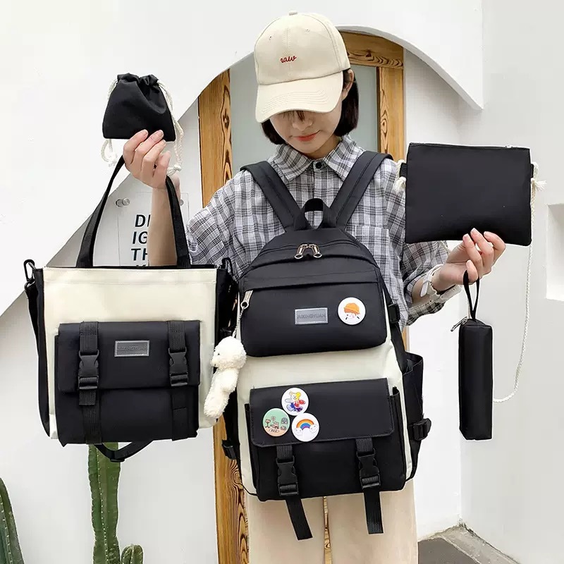 Kit 5 Bolsas Mochila Feminina de Nylon Estilo Core