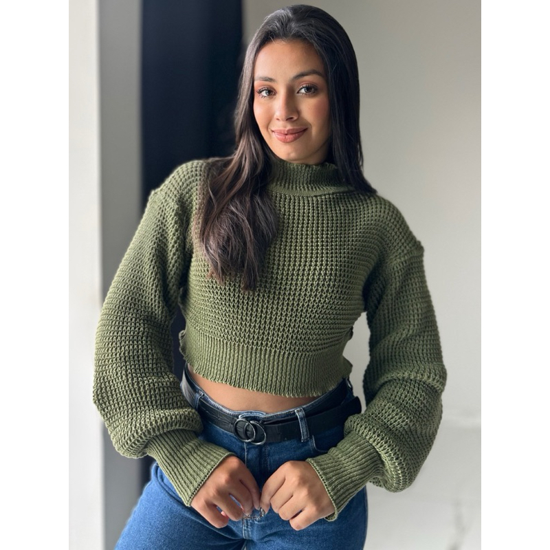 Blusa Cropped Manga Bufante Inverno Tricot Moda fe
