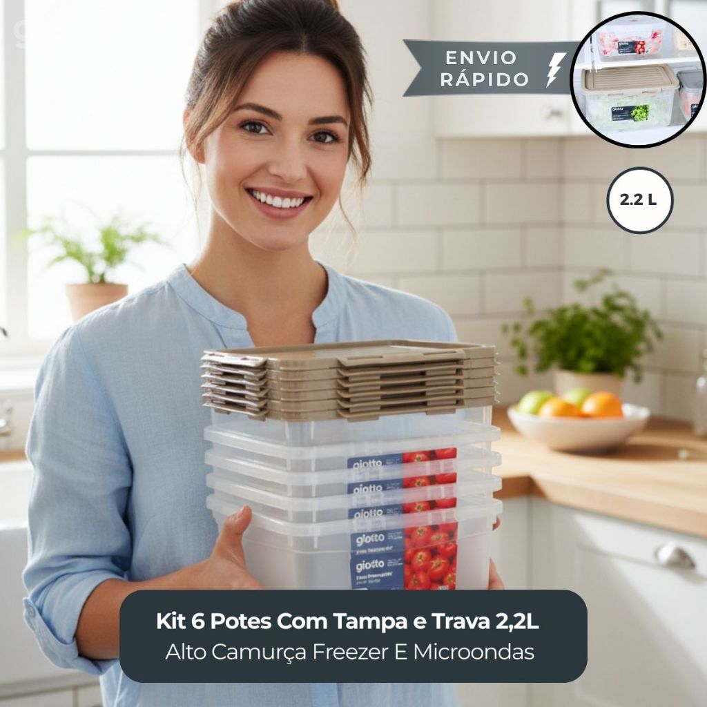 Kit 6 Potes Com Tampa e Trava 2,2L Alto Camurça F