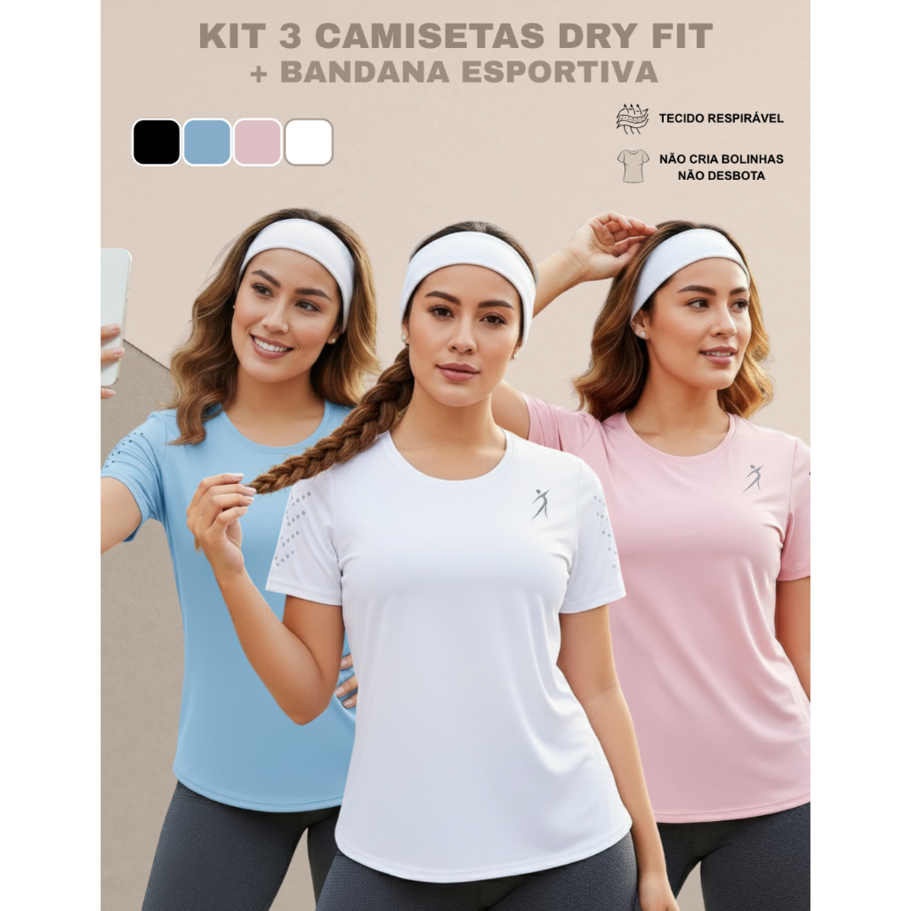 Kit 3 Camisetas Femininas Dry Fit Academia Fitness
