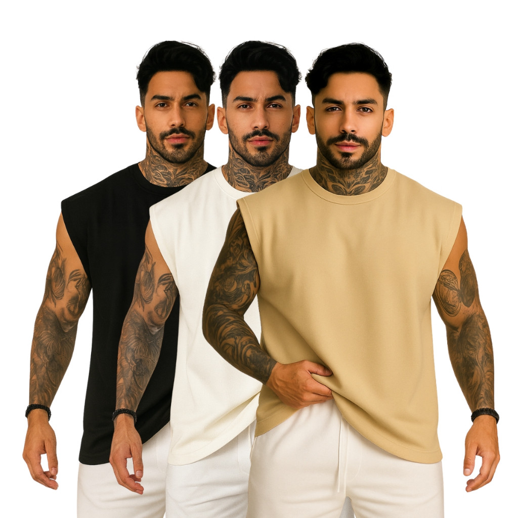 Kit 3 Camisetas Regata Lisa Oversized Camisa Regat