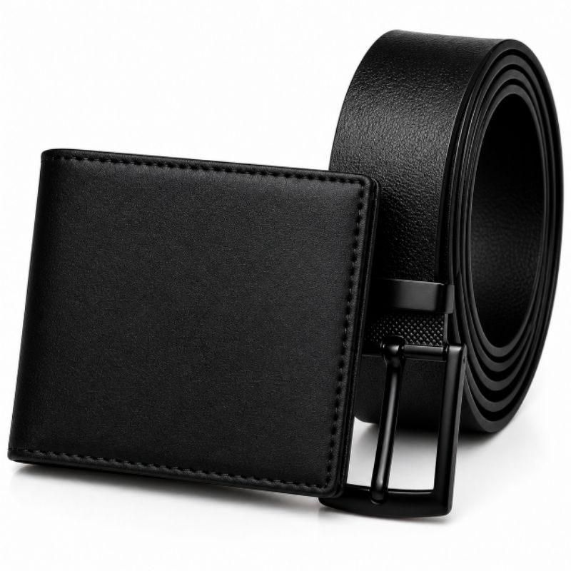 Kit Carteira Masculina Couro P.U Lisa + Cinto Cour