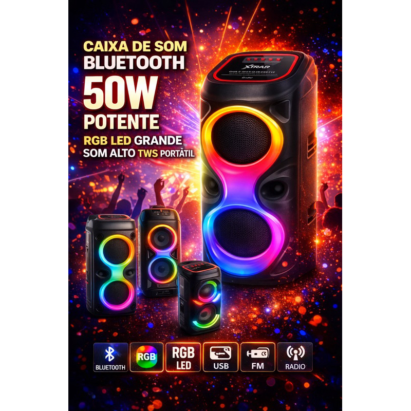 Caixa de Som Bluetooth 50W Potente RGB LED Grande 