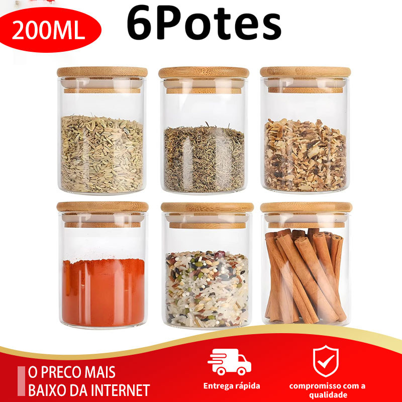 Kit 6 Potes de Vidro Herméticos 200 ml Tampa Bam