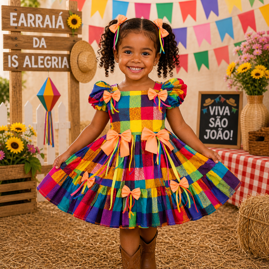 Vestido Festa Junina Infantil Xadrez Com Laços Ro