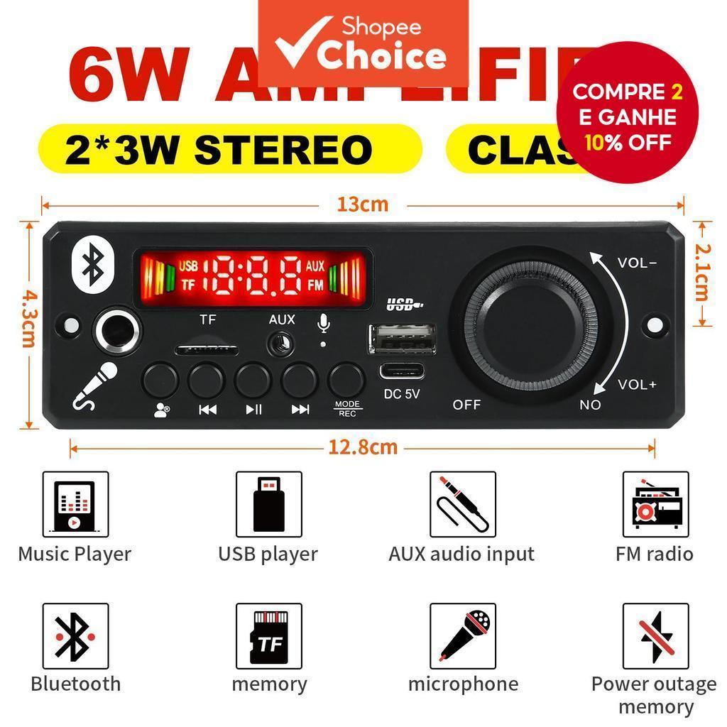Sem Fio Bluetooth 5.0 MP3 Player Carro 2 * 3W 6W D