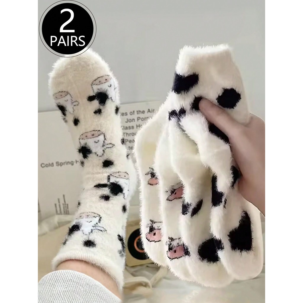 2 Pares de Meias de Pelúcia com Estampa de Vaca,