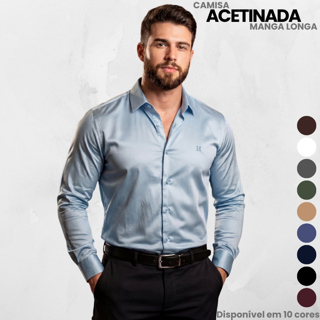Camisa Social Masculina de Botão Acetinada Slim F