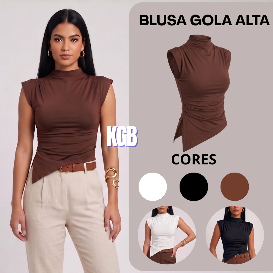 Blusa Gola Alta Básica Assimétrica Regata Manga 