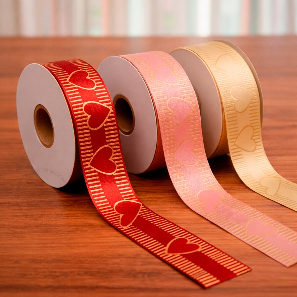Fita Coração Vermelho Rose Dourado Decorada 32mm