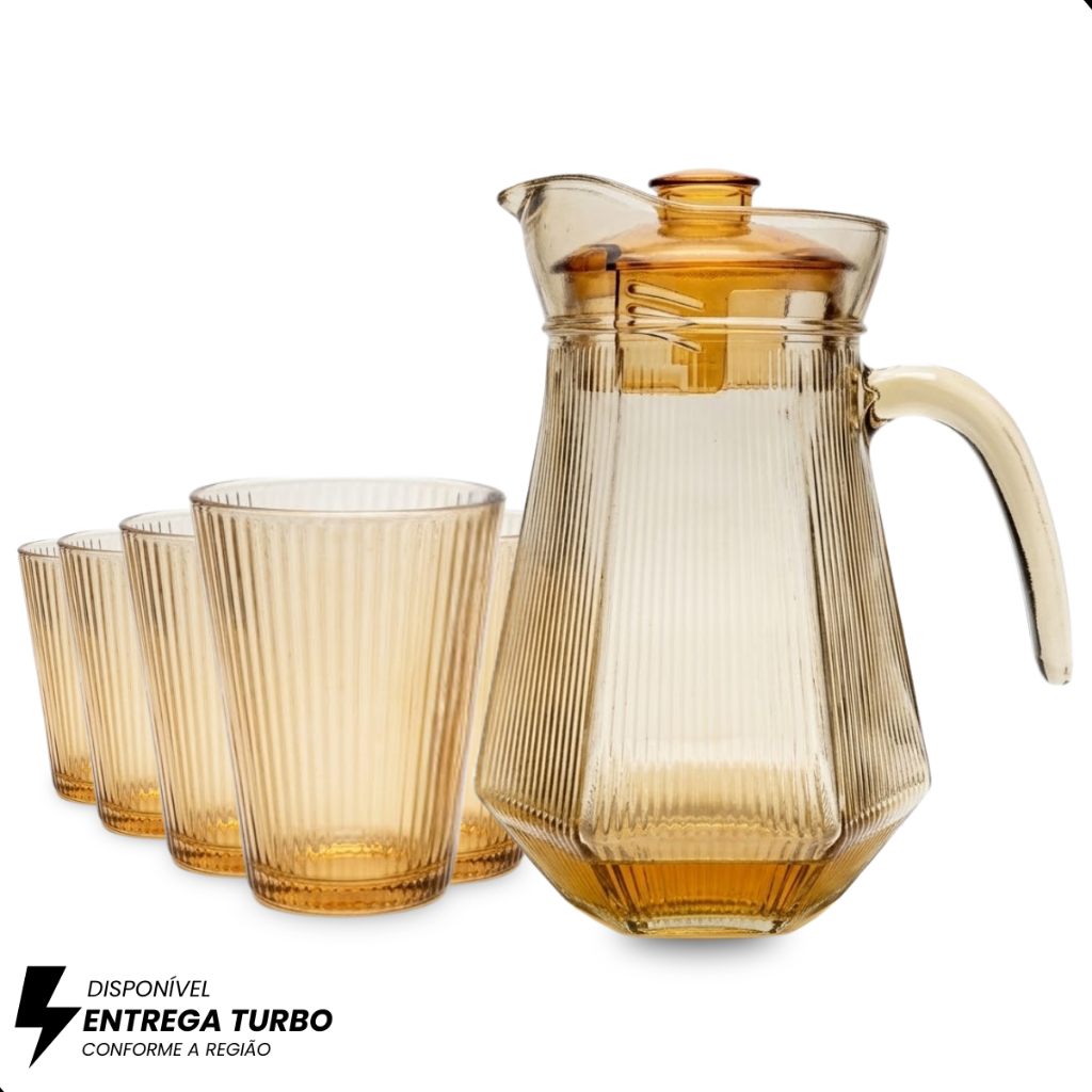 Conjunto de 1 Jarra de Vidro Âmbar com Tampa e 6 