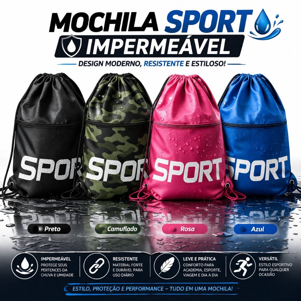 Bolsa Academia Unissex Impermeável – Preta,