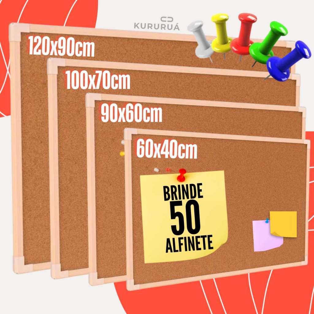 Quadro Lousa Cortiça Moldura 50 Alfinetes Avisos 