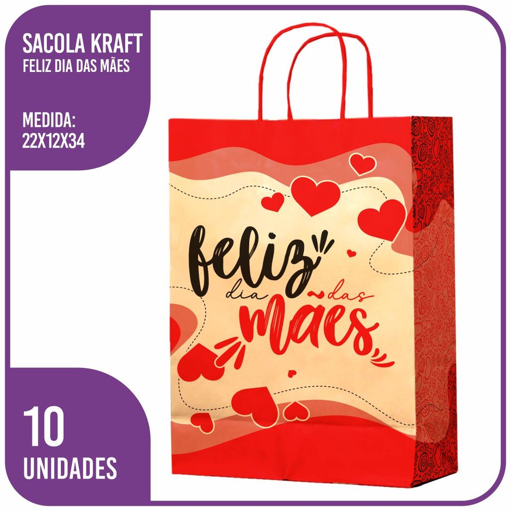 Sacola Kraft Feliz Dia das Mães (M) 22x12x34 R