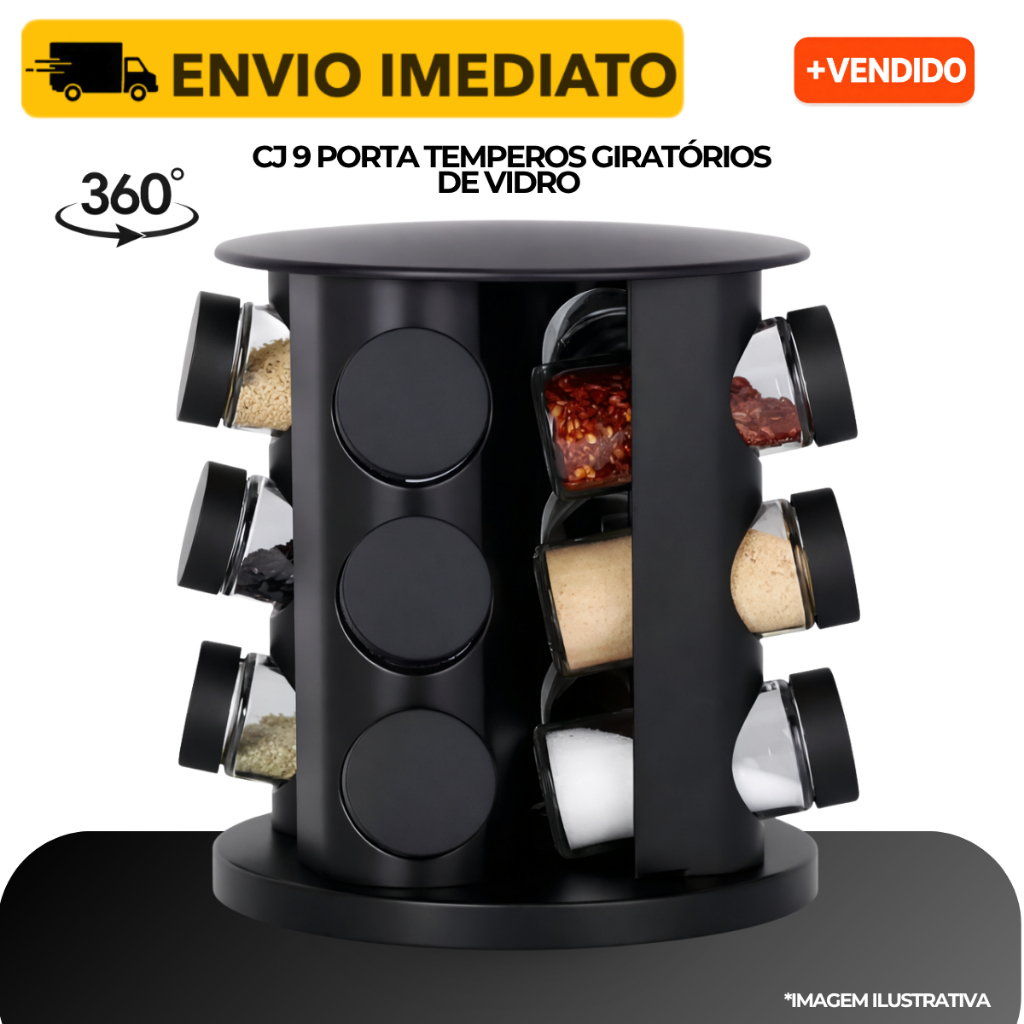 12/9/6 Porta Tempero Giratorio Condimentos Preto V