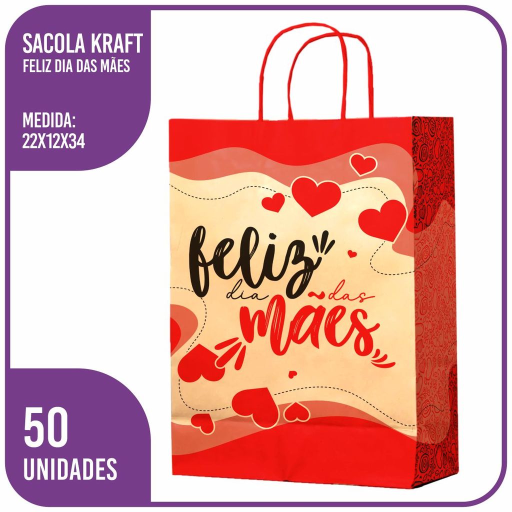 Sacola Kraft Feliz Dia das Mães (M) 22x12x34 R