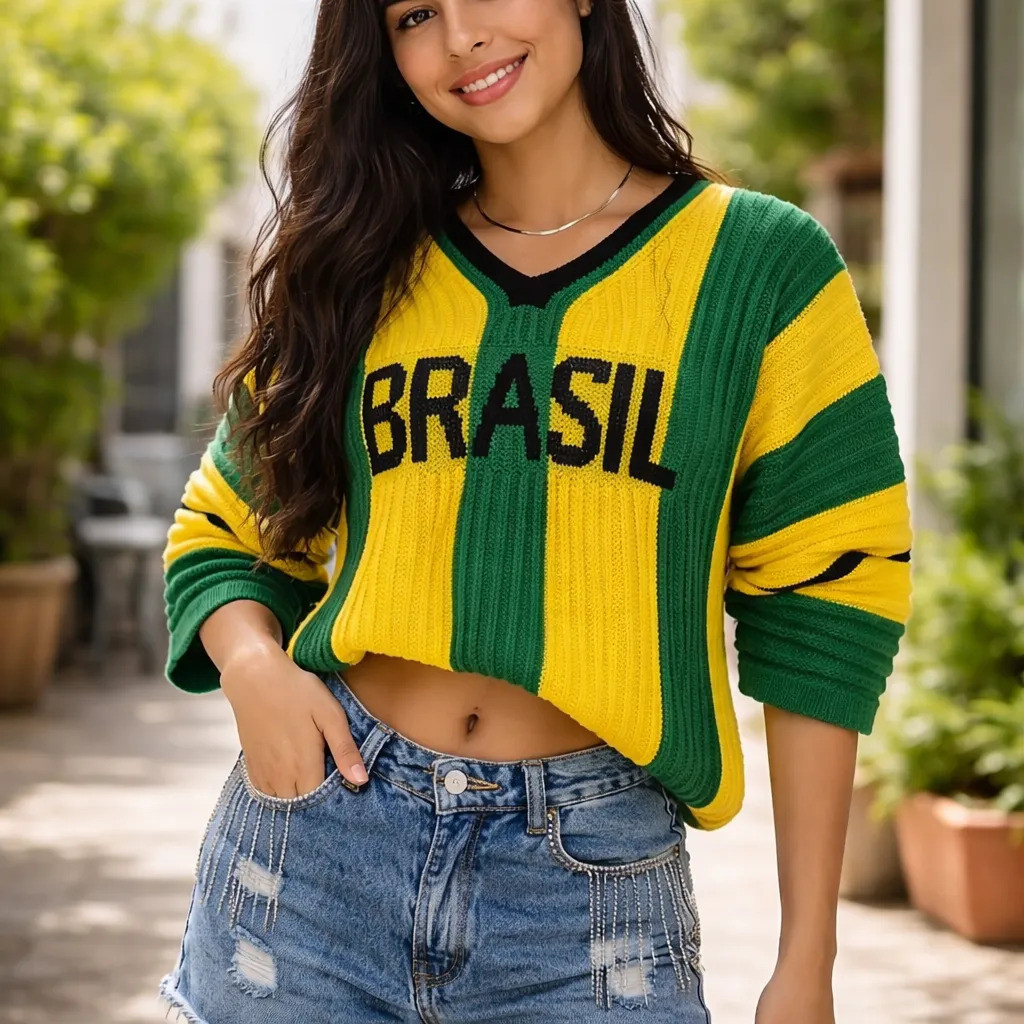 Blusa Cropped Decote V Tricô Torcida Brasileira F