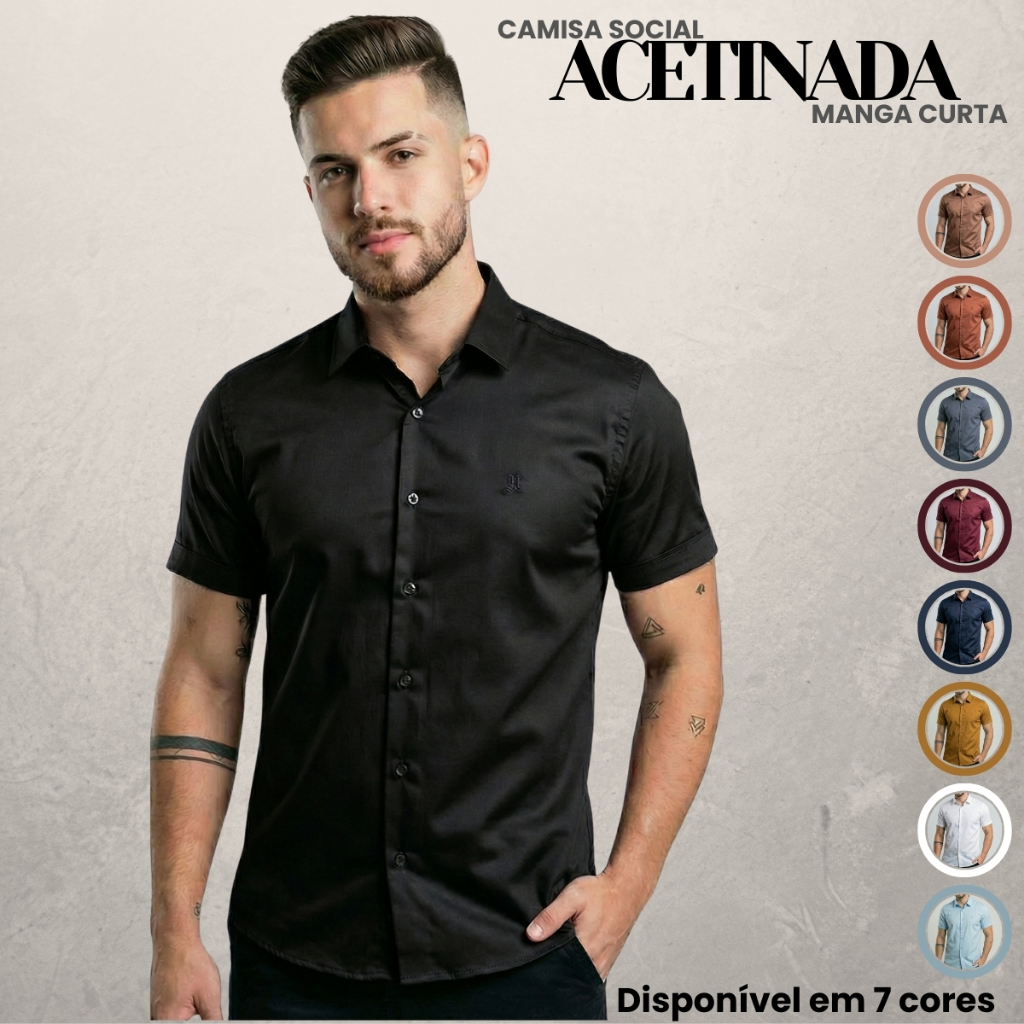 Camisa Social Masculina Manga Curta Malha Acetinad