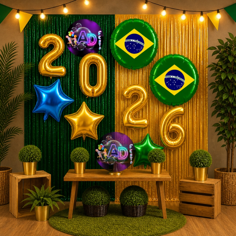 Kit Decoração, 2 Cortinas + 2 Balão Brasil 45cm
