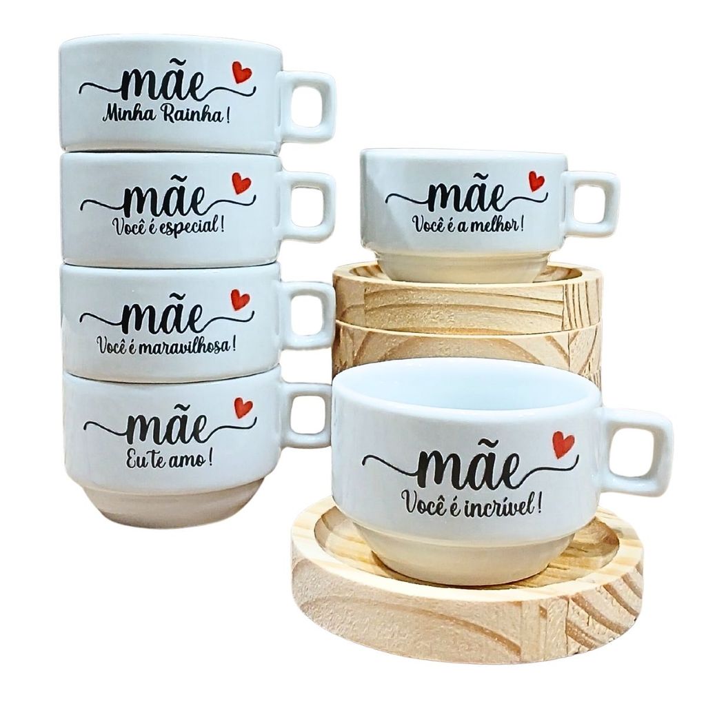 Kit Jogo Conjunto 6 Xícara Mãe Café Chá Cappuc