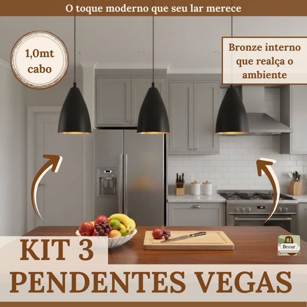 Kit 3 Pendente Luminária Vegas Preta | Luminária