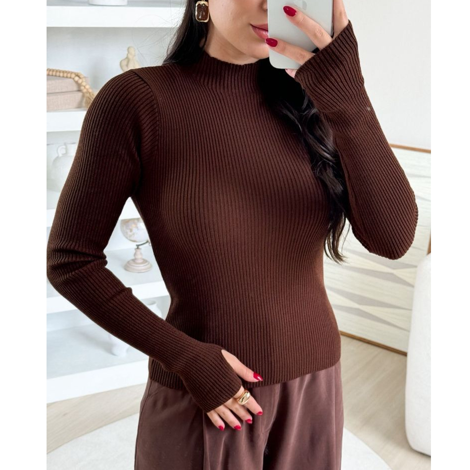 Blusa Básica Tricot Canelada FemininaGola Alta Co