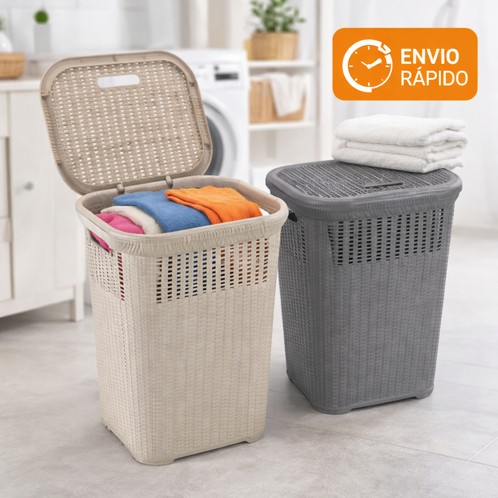 Cesto de Roupa Rattan 50L com Tampa Basculada Gran