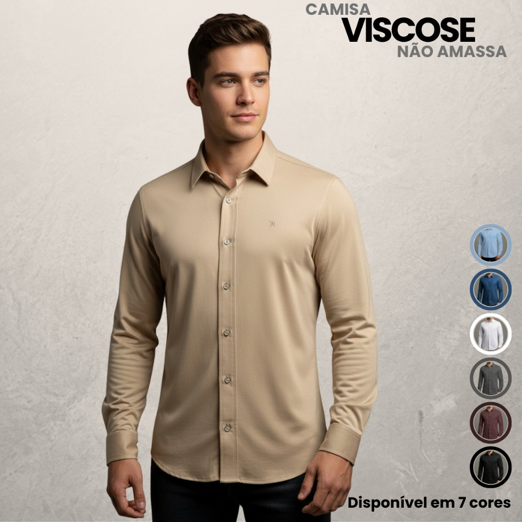 Camisa Social Masculina Viscose Não Amassa Slim F