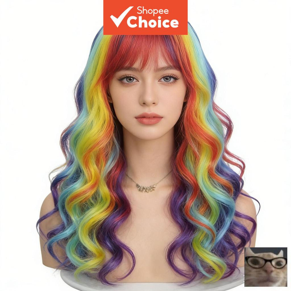 Peruca Ondulada Longa com Franja Lateral, Cabelo S