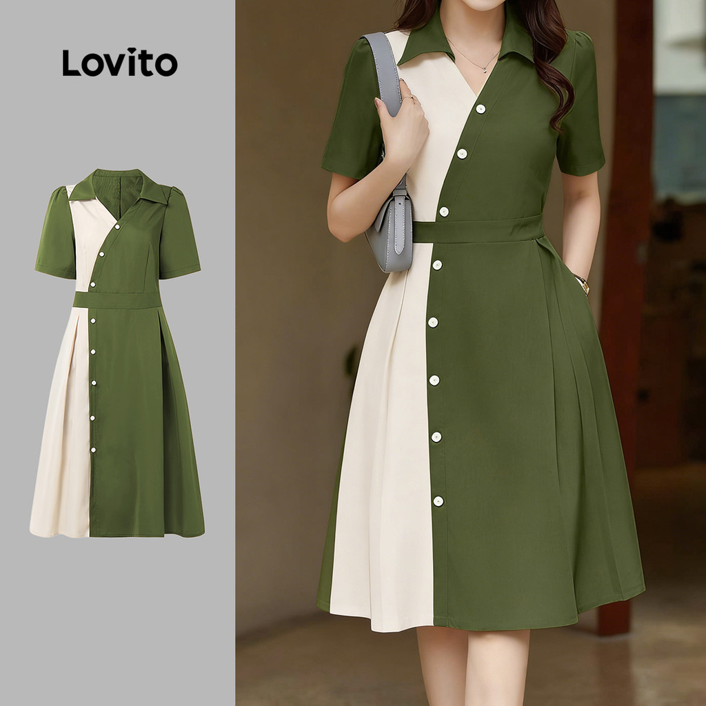 Lovito Vestido Casual com Botão e Blocos de Cores