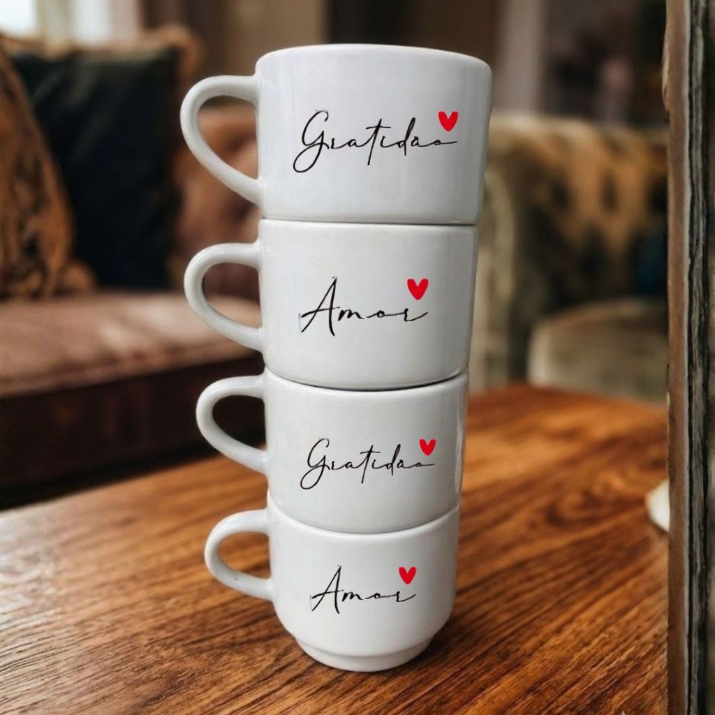 Jogo 4 Canecas de Porcelana 200ml AMOR E GRATIDÃO