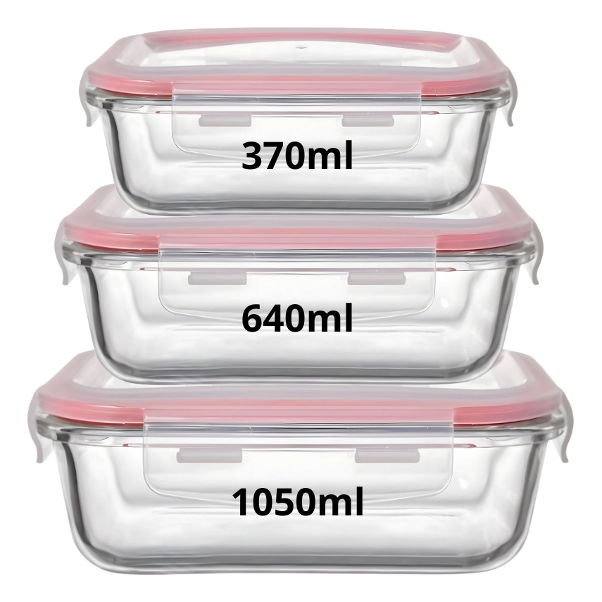 KIT COM 3 POTES HERMÉTICO RETANGULAR DE VIDRO BOR