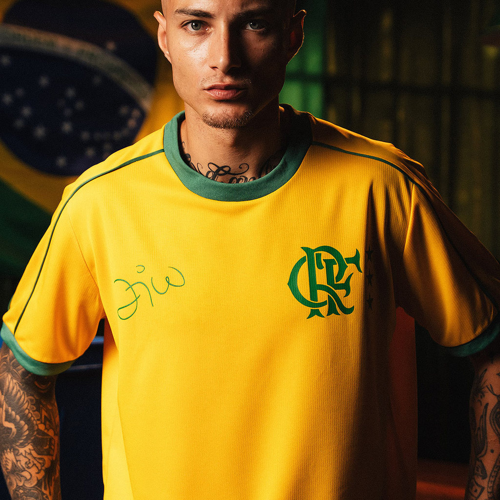 Camisa Flamengo Zico Retrô Brasil Amarela Masculi