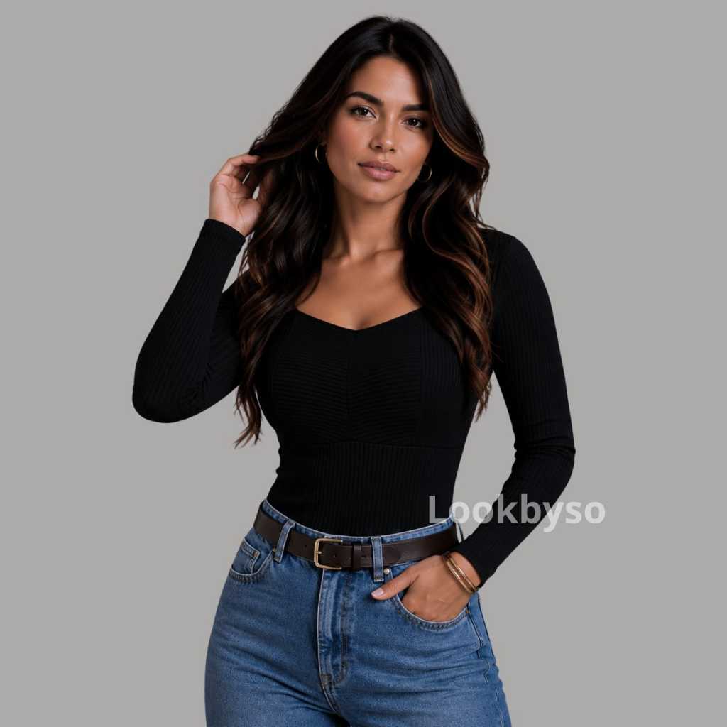 Blusa Feminina Decote Quadrado RECORTES Manga Long